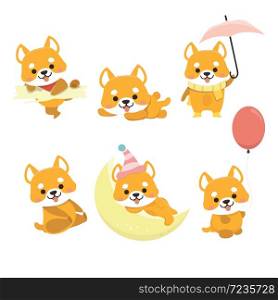 Shiba Inu Dog Cartoon Set Vector.