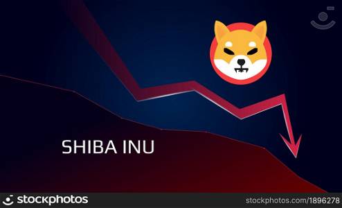 Shiba Inu SHIB in downtrend and price falls down. Crypto coin symbol and red down arrow. Uniswap crushed and fell down. Cryptocurrency trading crisis and crash. Vector illustration.