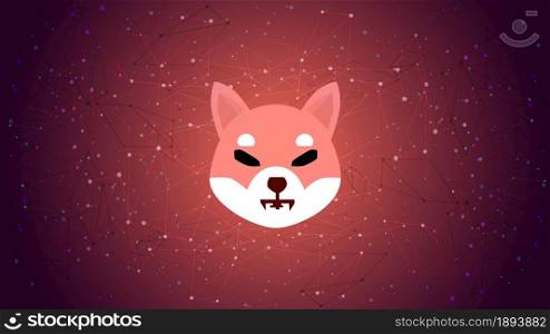 Shiba Inu SHIB token symbol of the DeFi project cryptocurrency theme on a blue polygonal background. Cryptocurrency logo icon. Decentralized finance programs. Vector EPS10.