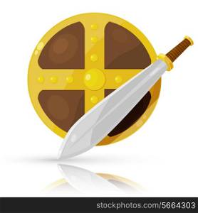 Shield and sword isolated on white background. Vector illustration.