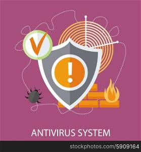 Shield antivirus. Antivirus system. Concept in flat design style. Can be used for web banners, marketing and promotional materials, presentation templates