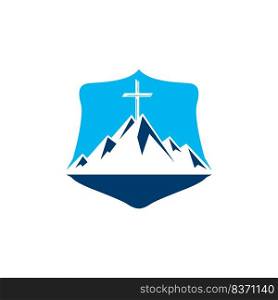 Shield Baptist cross in mountain logo design. Cross on top of the mountain. Church and Christian organization logo. 