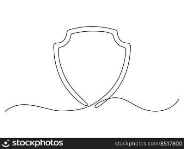 Shield continuous line art. Protect linear symbol. Guard drawing sign. Vector isolated on white.	