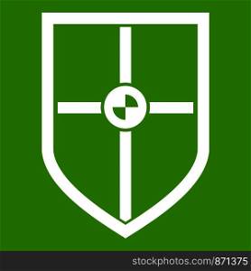 Shield for fight icon white isolated on green background. Vector illustration. Shield for fight icon green