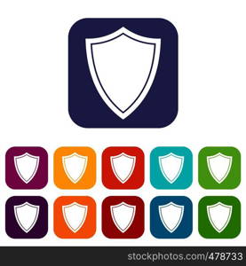 Shield for war icons set vector illustration in flat style in colors red, blue, green, and other. Shield for war icons set