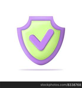 Shield icon. 3d shield icon. Illustration of security, protect and insurance. Mark of guarantee. Tick of check, safe and protection. Vector.