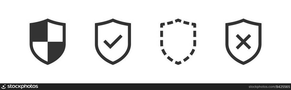 Shield icon on light background. Shields with check mark and cross. Protect symbol. Security, firewall concept. Safety system. Protection activated. Virus protection. Flat design. Vector illustration. Shield icon on light background. Shields with check mark and cross. Protect symbol. Security, firewall concept. Safety system. Protection activated. Virus protection. Flat design. Vector illustration.