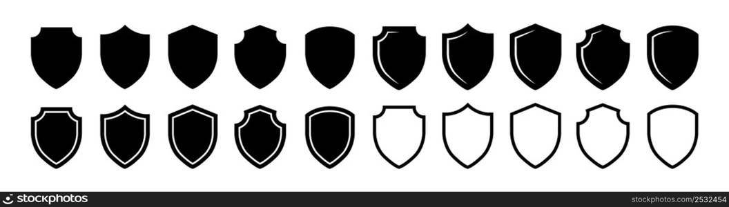 Shield icon set in vintage style. Protect shield security line icons. Badge quality symbol, sign, logo or emblem. Vector illustration. Shield icon set in vintage style. Protect shield security line icons.