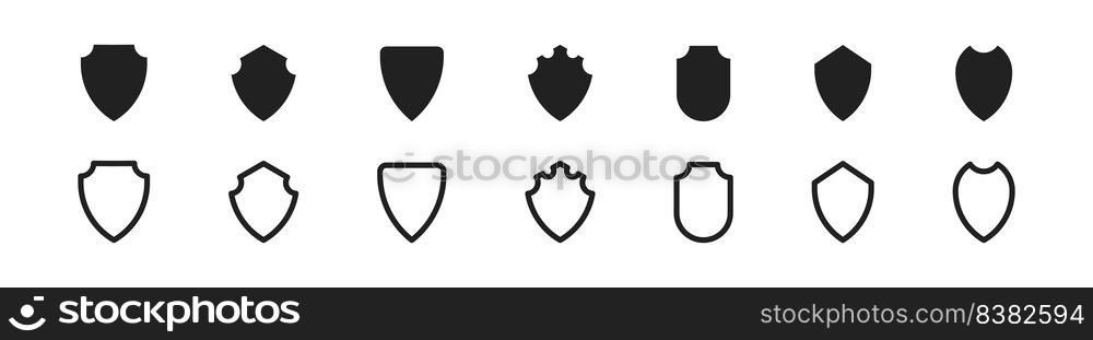 Shield icon set. Security shields shape silhouette icons collection. Vector isolated illustration.. Shield icon set. Security shields shape silhouette icons collection. Vector illustration.