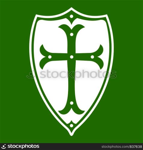 Shield icon white isolated on green background. Vector illustration. Shield icon green