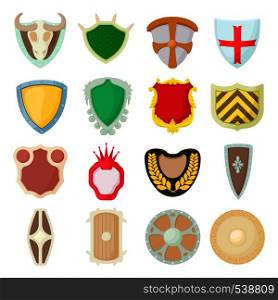 Shield icons set in cartoon style isolated on white. Shield icons set