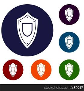 Shield icons set in flat circle reb, blue and green color for web. Shield icons set
