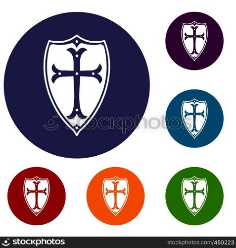 Shield icons set in flat circle reb, blue and green color for web. Shield icons set