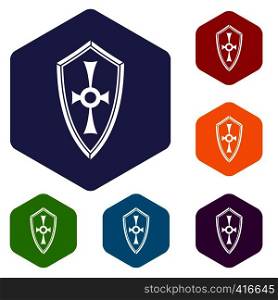 Shield icons set rhombus in different colors isolated on white background. Shield icons set