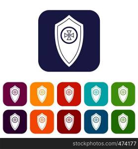 Shield icons set vector illustration in flat style In colors red, blue, green and other. Shield icons set
