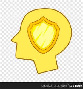 Shield inside human head icon. Cartoon illustration of shield inside human head vector icon for web. Shield inside human head icon, cartoon style