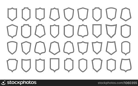 Shield line badges. Blank emblems template for sport club, military and security coat of arms. Vector illustration outline heraldic elements set for graphics protective icons. Shield line badges. Blank emblems template for sport club, military and security coat of arms. Vector heraldic elements set