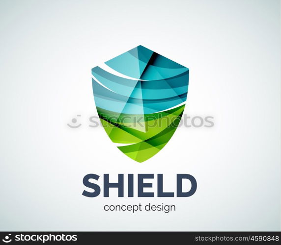 Shield logo business branding icon, created with color overlapping elements. Glossy abstract geometric style, single logotype