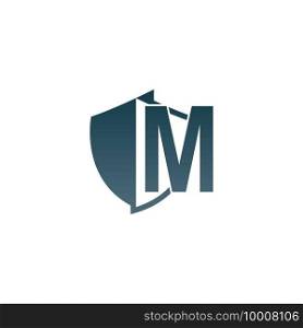 Shield logo icon with letter M beside design vector illustration