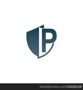 Shield logo icon with letter P beside design vector illustration