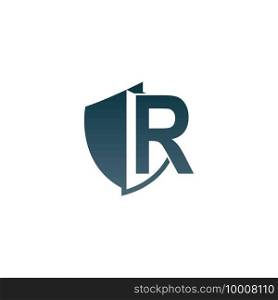Shield logo icon with letter R beside design vector illustration