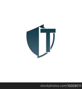 Shield logo icon with letter T beside design vector illustration