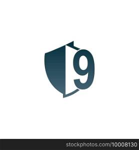 Shield logo icon with number 9 beside design vector illustration