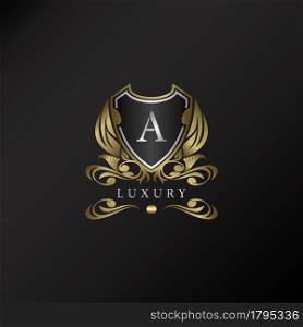 Shield logo in gold color with letter A Logo. Elegant logo vector template made of wide silver alphabet font on shield frame ornate style.