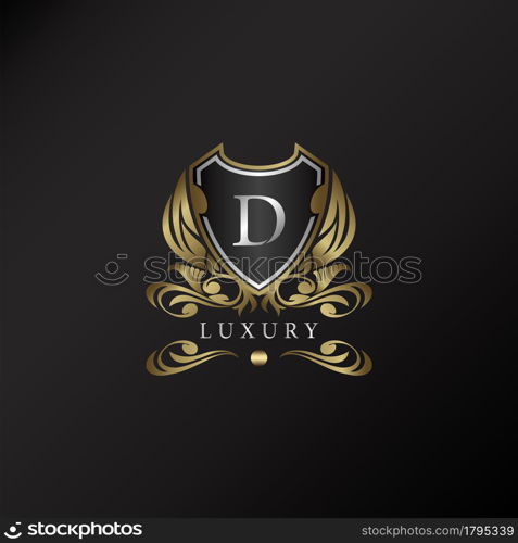 Shield logo in gold color with letter D Logo. Elegant logo vector template made of wide silver alphabet font on shield frame ornate style.