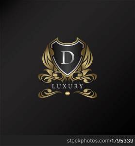 Shield logo in gold color with letter D Logo. Elegant logo vector template made of wide silver alphabet font on shield frame ornate style.
