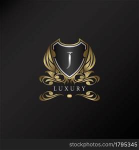 Shield logo in gold color with letter J Logo. Elegant logo vector template made of wide silver alphabet font on shield frame ornate style.