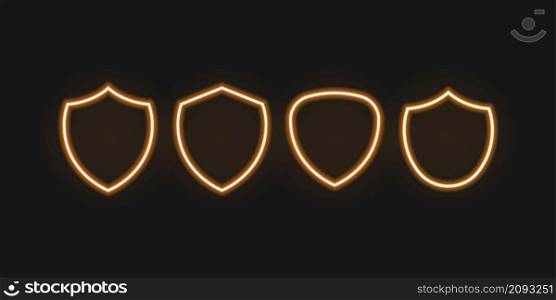 Shield neon light icon set. Guard shields armour vector shiny laser collection.