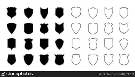 Shield police. Police badge and crest. Outline shape of shield for coat. Logo for arms, security, soccer and army. Emblem of football club. Icon with silhouette for heraldic military label. Vector.. Shield police. Police badge and crest. Outline shape of shield for coat. Logo for arms, security, soccer and army. Emblem of football club. Icon with silhouette for heraldic military label. Vector