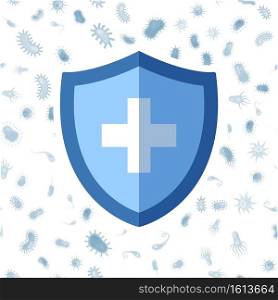Shield protecting from virus and germ. Medical protective symbol, health care badge on bacteria background. Antibacterial and antivirus guard decorative logo with cross sign vector flat cartoon poster. Shield protecting from virus and germ. Medical protective symbol, health care badge on bacteria background. Antibacterial and antivirus guard, logo with cross sign vector cartoon poster
