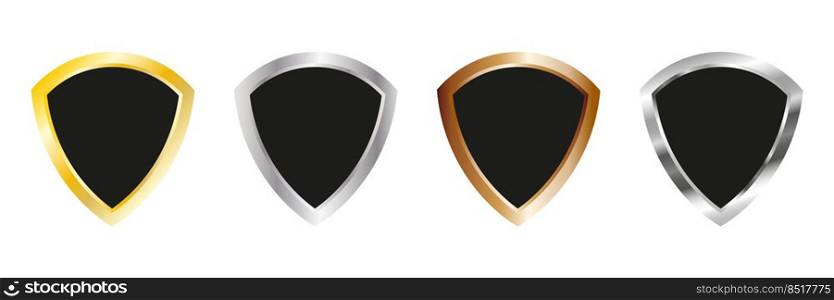 Shield set. Protection guard collection. Golden, silver and copper badge icon group. Vector illustration isolated on white. 