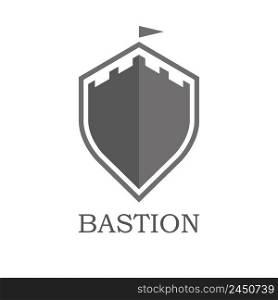 Shield shaped castle emblem. Bastion, watchtower. Fairytale fortress. Flat vector illustration isolated on white background.. Shield shaped castle emblem. Bastion, watchtower. Fairytale fortress. Flat vector illustration isolated on white