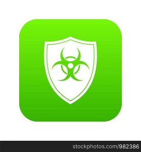 Shield with a biohazard sign icon digital green for any design isolated on white vector illustration. Shield with a biohazard sign icon digital green