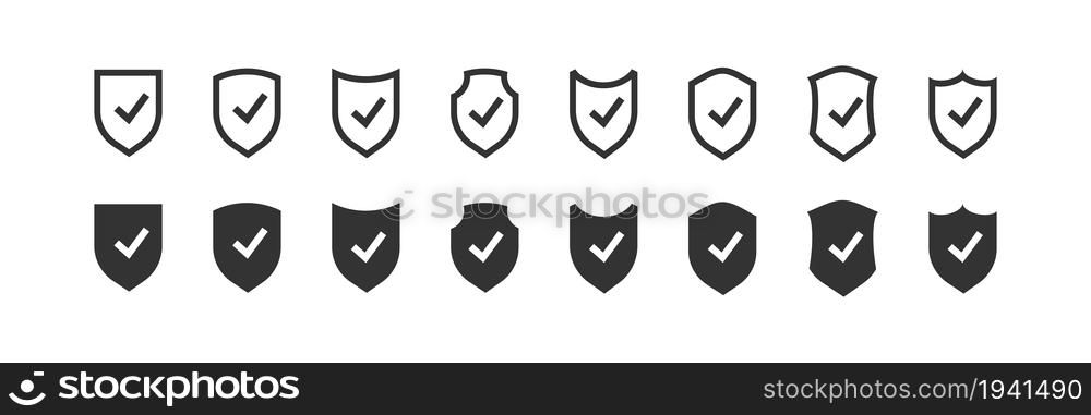 Shield with check mark set icons. Vector isollaed safety tick protect icon