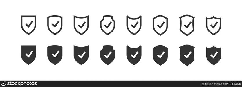 Shield with check mark set icons. Vector isollaed safety tick protect icon