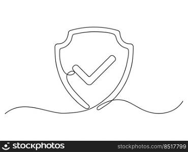 Shield with checkmark continuous line art. Protect linear symbol. Guard drawing sign. Vector isolated on white. 