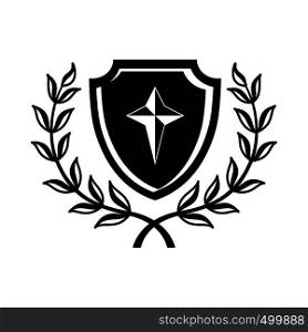 Shield with cross and a laurel wreath icon in simple style on a white background . Shield with cross and a laurel wreath icon