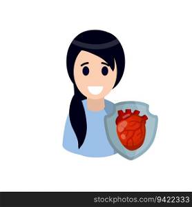 Shield with heart. Health of cardio system. Happy patient character. Smiling man. Medical icon. Flat cartoon illustration isolated on white background. Shield with heart. Health of cardio system