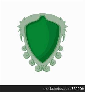 Shield with ornaments icon in cartoon style isolated on white background. Protection and security symbol. Shield with ornaments icon, cartoon style