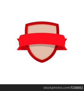 Shield with red ribbon and crown icon in cartoon style on a white background. Shield with red ribbon and crown icon