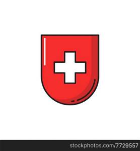 Shield with Swiss flag or cross, healthcare emblem isolated. Vector healthcare medicine cross, medical help and assistance badge, official flag. Switzerland national symbol, protection and security. Swiss quality red shield with white cross isolated