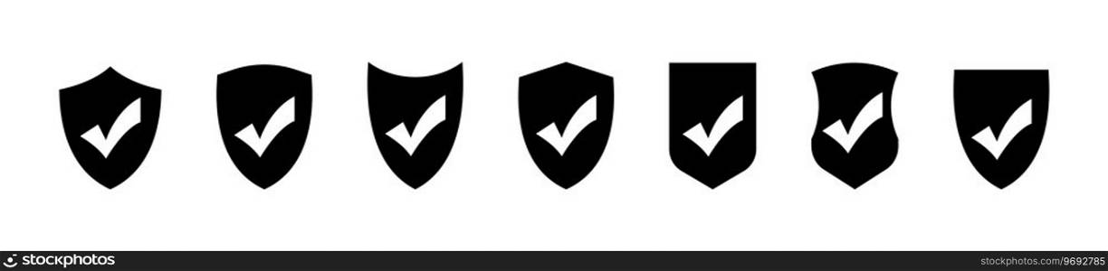 Shields with ticks collection. Black shields with checkmarks vector icons set, isolated on white background. Tick on shield icon set. Vaccination confirmation icons. Vector graphic Vector EPS