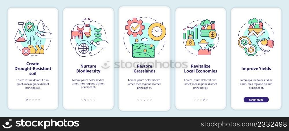 Shift to regenerative culture onboarding mobile app screen. Agriculture walkthrough 5 steps graphic instructions pages with linear concepts. UI, UX, GUI template. Myriad Pro-Bold, Regular fonts used. Shift to regenerative culture onboarding mobile app screen
