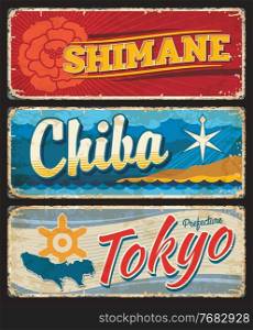 Shimane, Chiba, Tokyo tin plates, Japan prefecture grunge vector signs. Japanese region retro signs, asian travel memories vintage plates with peony flower, territory map and official symbols. Chiba, Tokyo and Shimane Japan territory tin signs