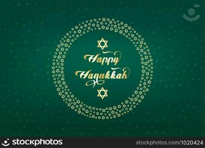 Shimmering golden stars of David and wishes for Happy Hanukkah - festive greeting card on dark green background and transparent stars of David