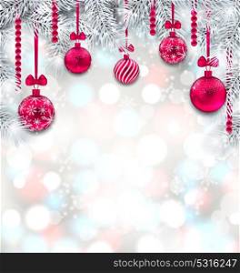 Shimmering Light Wallpaper with Fir Branches and Christmas Pink Balls. Shimmering Light Wallpaper with Fir Branches and Christmas Pink Balls for Happy Winter Holidays - Illustration Vector
